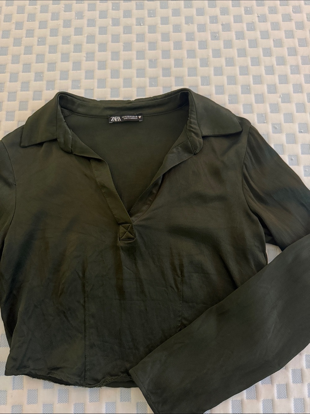 Zara Dark Olive Satin Button-Down Polo Shirt